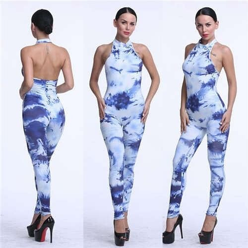 High Fashion Flower Printing Style Women One-piece Pants Suit - Blue A392-fast0136