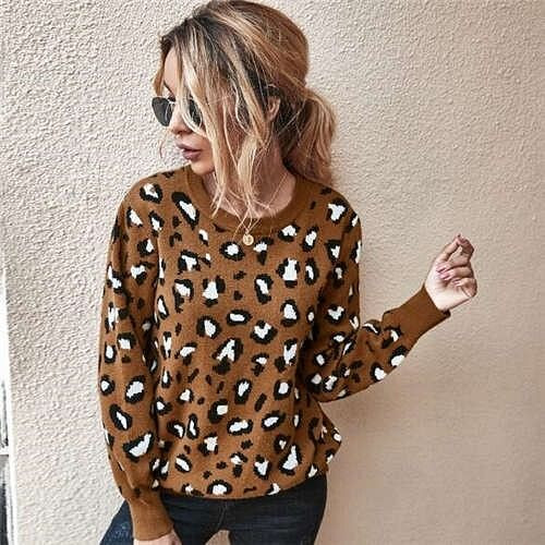 Unique Style Leopard Prints Long Sleeves Autumn and Winter Fashion Women Top - Brown A392-fast0160