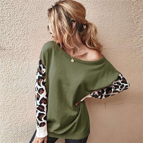 Contast Colors Leopard Prints Long Sleeves Autumn and Winter Fashion Women Top - Army Green A392-fast0163