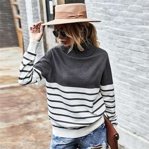 Stripes Design Contast Colors Long Sleeves Autumn and Winter Fashion Women Top - Gray A392-fast0167