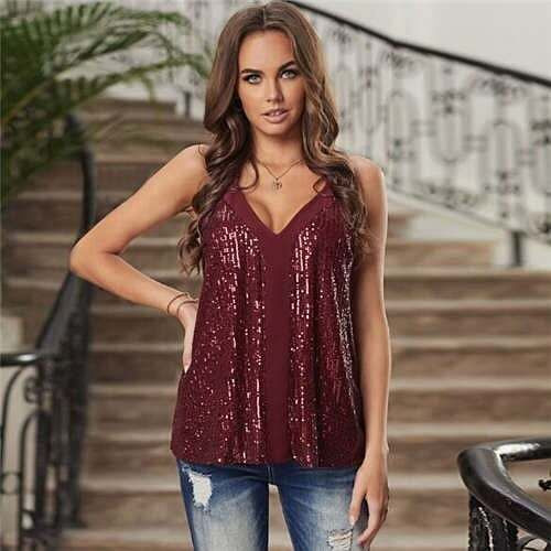 Sequins Shining Fashion Thin Strap Design Women Top - Red A392-fast0199