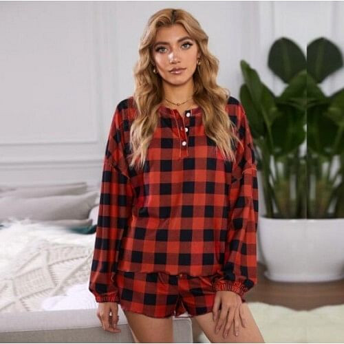 U.S. Fashion Red Plaids Dyed Printing Women Homewear/ Pajamas Suit A392-fast0214