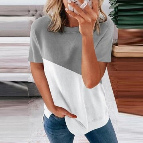U.S. Fashion Wholesale Clothing Contrast Color Design Round Neck Women T-shirt/ Top - Gray A392-fast0222
