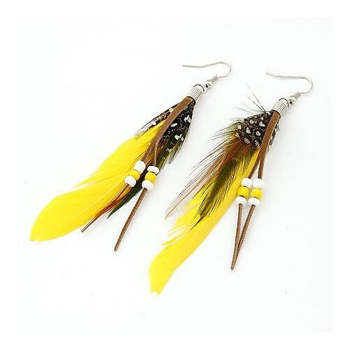 High Fashion Unique Beads Decorated Feather Earrings - Yellow A392-fear1523