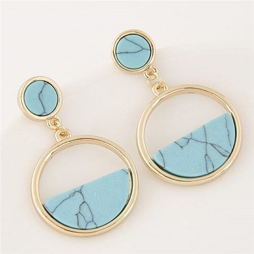 Resin Gem Inlaid Plain Fashion Dangling Golden Hoop Earrings - Teal A392-fear1956