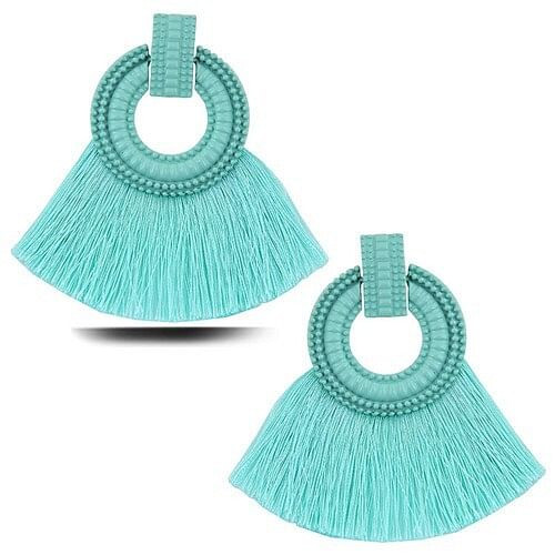 Studs Hoop Cotton Threads Tassel Fashion Women Costume Earrings - Teal A392-fear2896