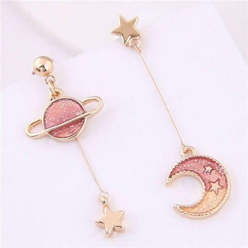 Star and Moon Asymmetric Design Cute Fashion Women Earrings - Red A392-fear3681
