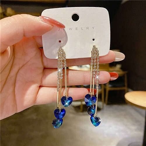 Korean Fashion Bling Rhinestone Heart Pendants Long Tassel Wholesale Earrings - Blue A392-fear7347