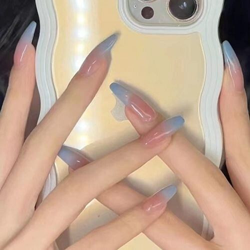 24 Pieces Set Fashion Gradient Sky Blue Long Style Detachable Fake Nail Wholesale Nail Stickers A392-nstr0106