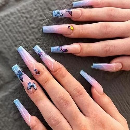 Powder Blue Gradient Butterfly Pattern Long Style 24 Pieces Set Fake Nail Wholesale Nail Stickers A392-nstr0129