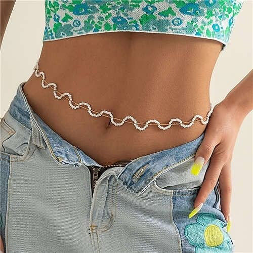 Bohemian Colorful Beads Woven Waist Chain Wavy Design Wholesale Body Chain Jewelry - White A392-tboc0085