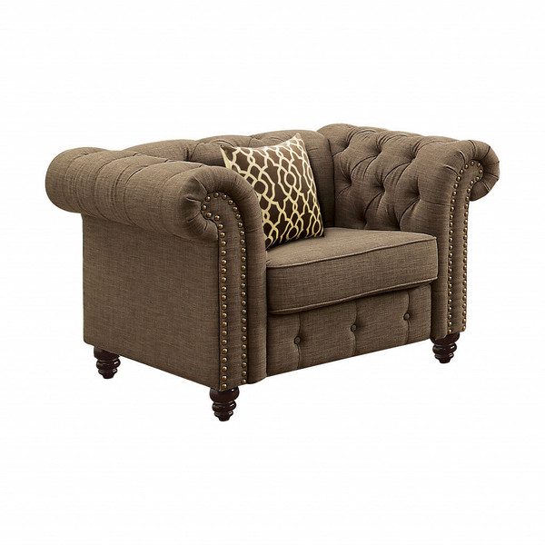 45" Brown Linen And Black Tufted Chesterfield Chair N270-491123