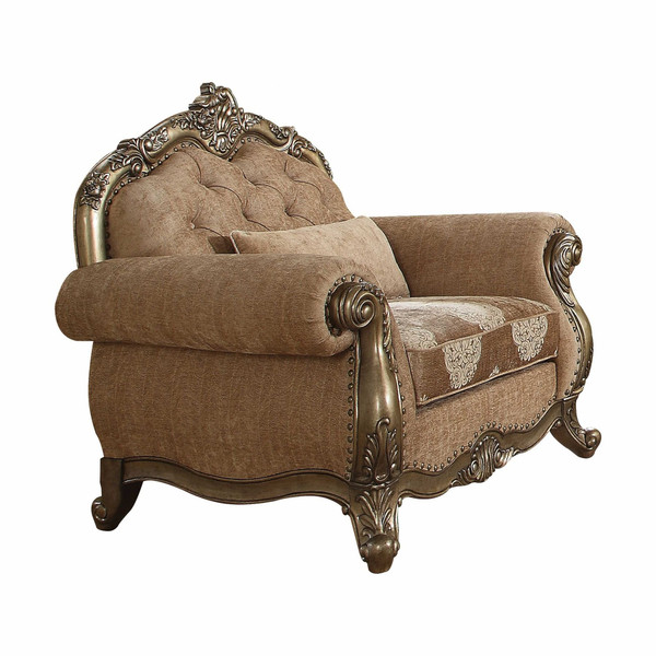 35" Brown and Champagne Linen Damask Tufted Arm Chair and Toss Pillow N270-347291