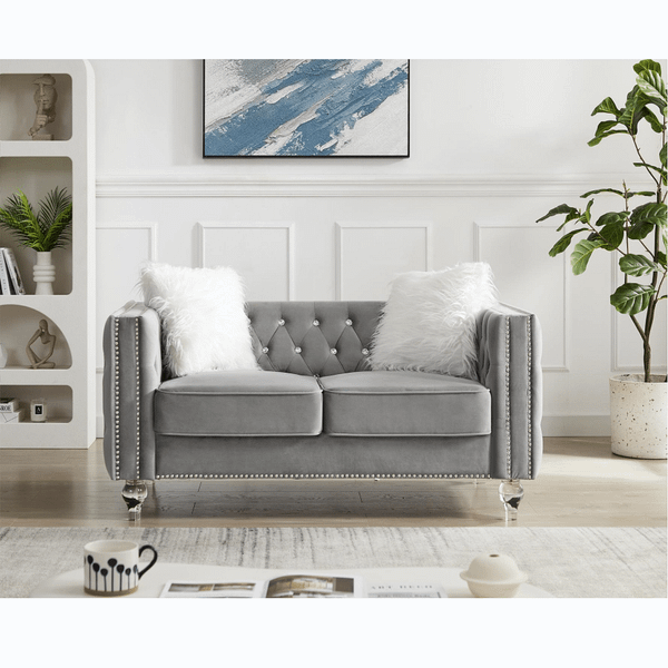 Gray, Two-seater Sofa, Velvet Crystal Buckle Upholstery Sofa, Crystal Feet, Removable Cushion, Two  T575-V0671301187