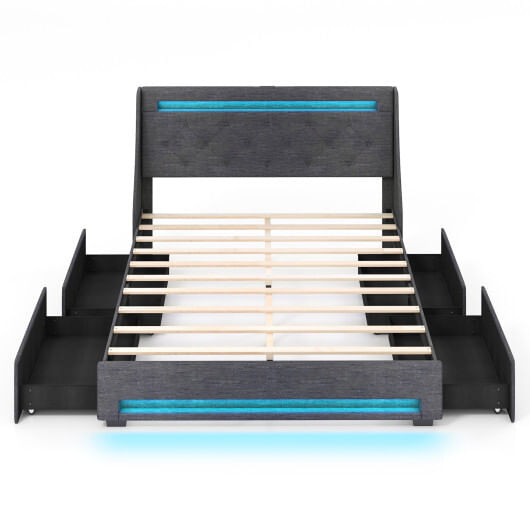 Queen Size Upholstered Platform Bed Frame with LED Lights and Charging Station-Grey - Color: Gray - D681-HU10865GR-Q