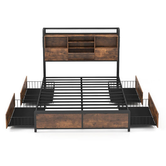 Full/Queen Size Bed Frame with Bookcase Headboard and 4 Storage Drawers-Full Size - Color: Rustic B D681-HU10618US-F+