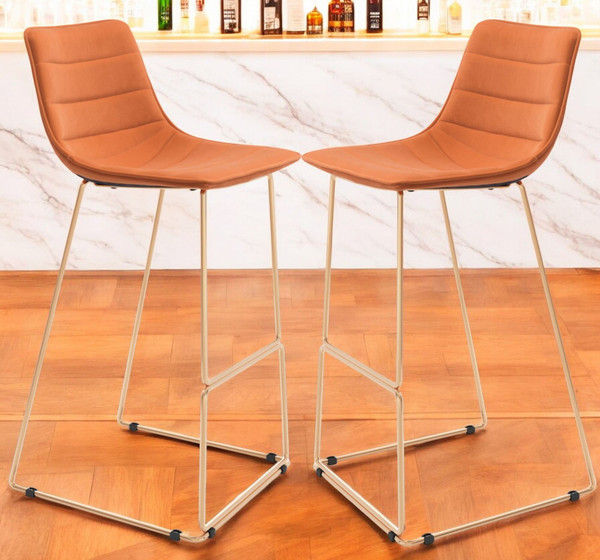 Set of Two 30" Orange And Gold Velvet And Steel Bar Height Bar Chairs N270-555758