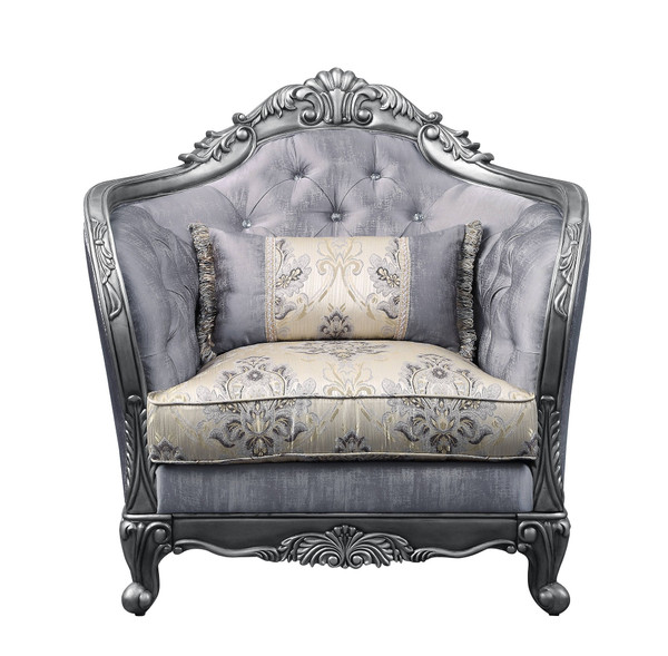 43" Light Gray Fabric And Platinum Floral Tufted Arm Chair N270-515799