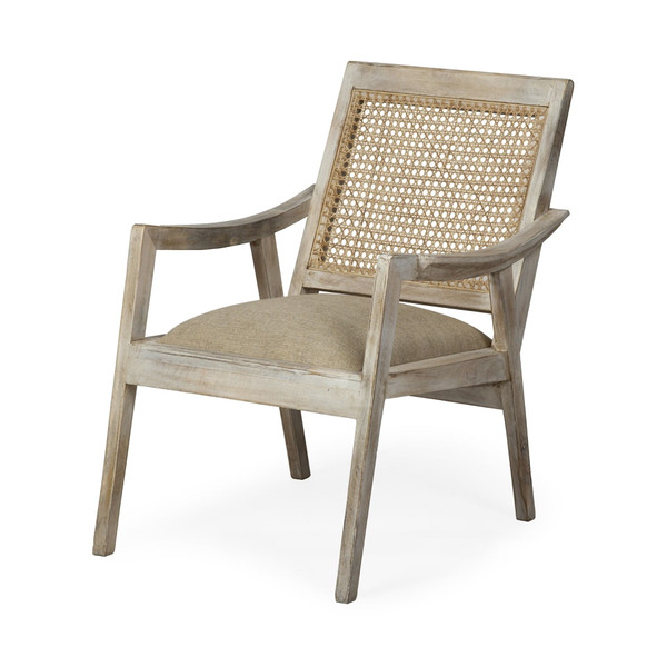 28" Cream And Natural Fabric Distressed Arm Chair N270-392001
