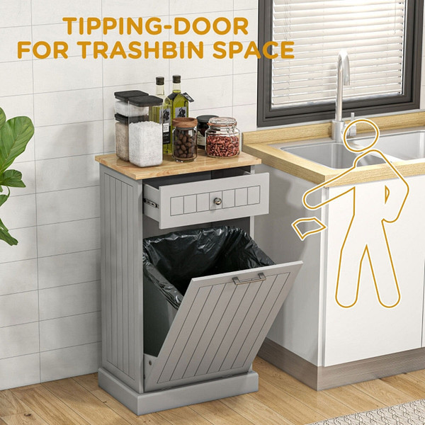 Kitchen Tilt Out Trash Bin Cabinet Free Standing Recycling Cabinet Trash Can Holder With Drawer, Gr T575-S0671266676