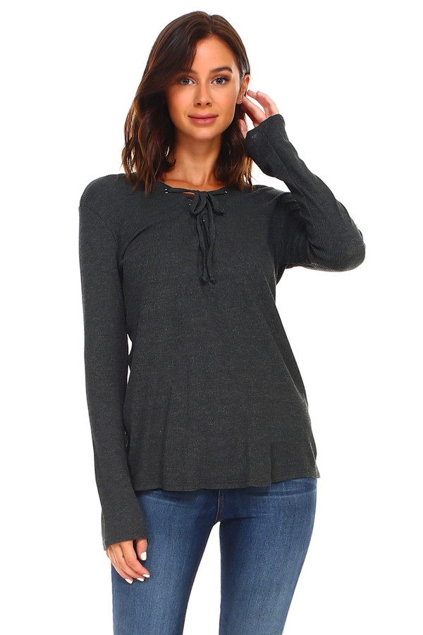 Women's Lace Up Long Sleeve Top T396-MMT726-CHR-S