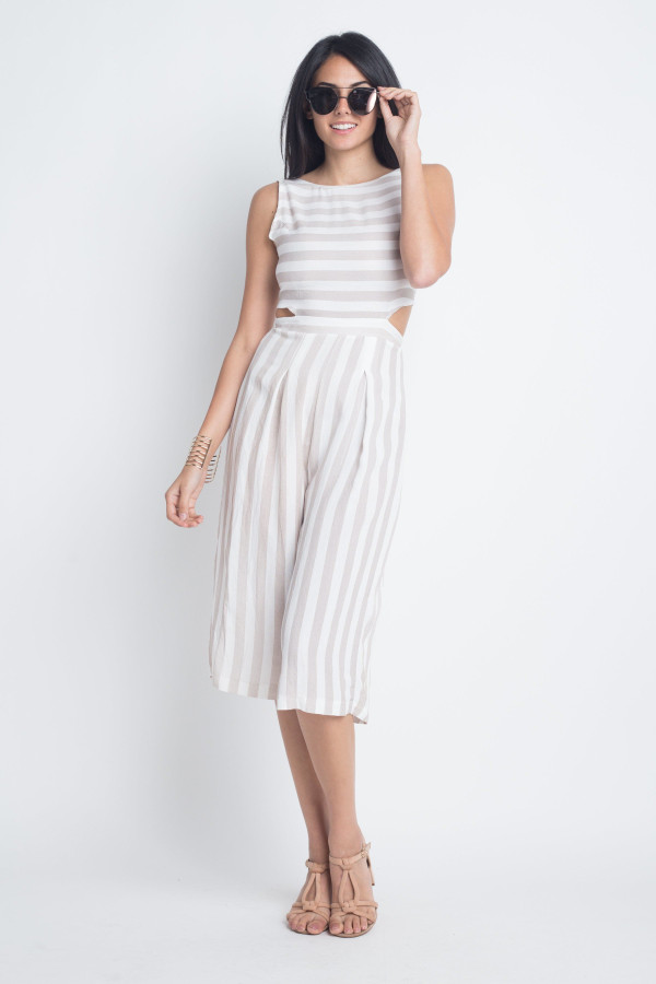 Women's Stripe Cut-Out Sleeveless Jumpsuit T396-EA834517256-WHT-S