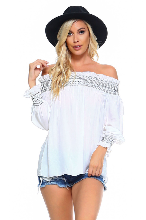 Women's Off Shoulder Stripe Smocked Elastic Top T396-mm319713-WHT-S