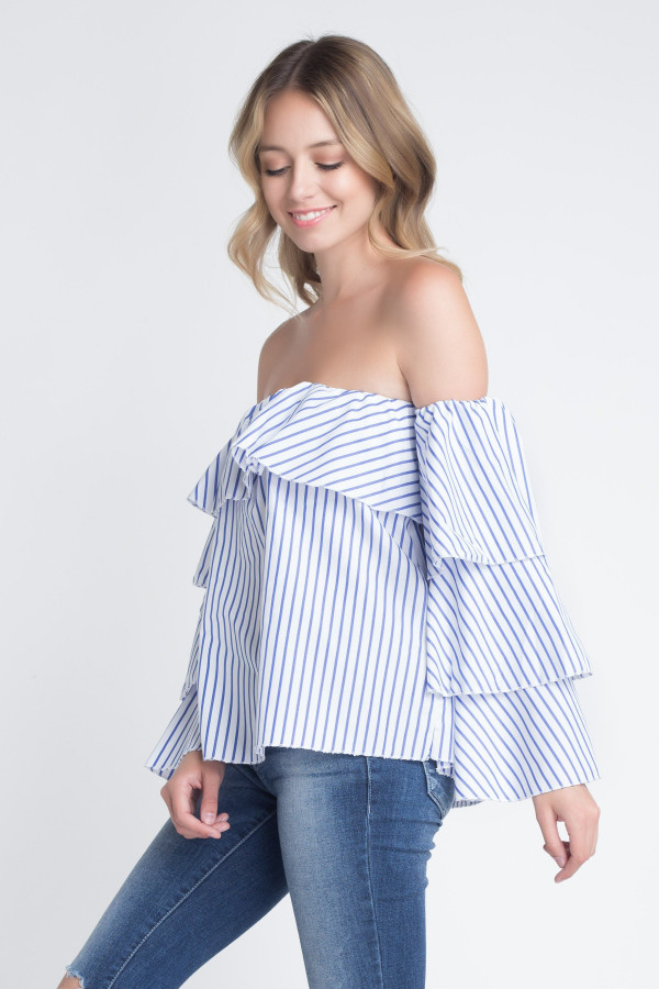 Women's Off Shoulder Stripe Ruffle Long Sleeve Top T396-MM319711-WHT-S
