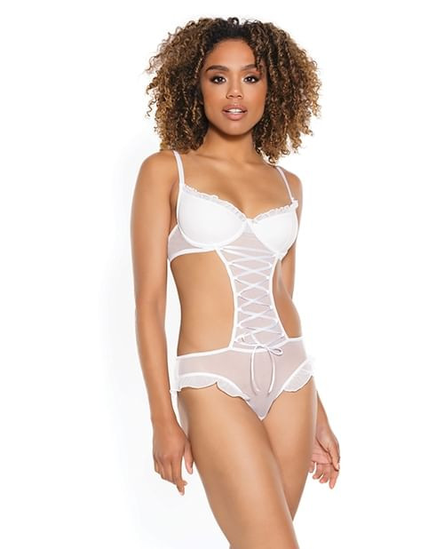 Stretch Mesh Ruffled Crotchless Teddy White SM X615-C23103-WH-S0