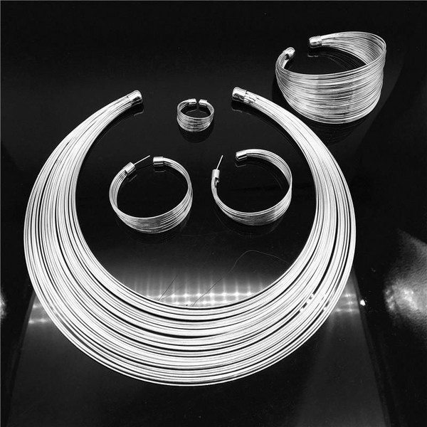 Color: Silver Tone - Simplicity Set Of Necklace Bracelet Ring And Earrings Italian Design K290-14279774896163