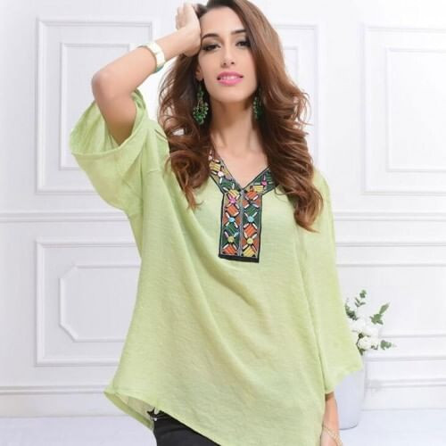 Embroidery V-neck Three-quarter Sleeves Casual Folk Style Women Top - Green A392-fast0010