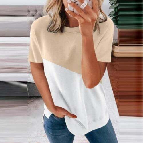 U.S. Fashion Wholesale Clothing Contrast Color Design Round Neck Women T-shirt/ Top - Apricot A392-fast0223