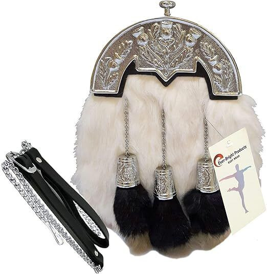 Scottish Kilt Original White Rabbit Fur Full Dress Sporran Antique Chrome Cantel A657-15