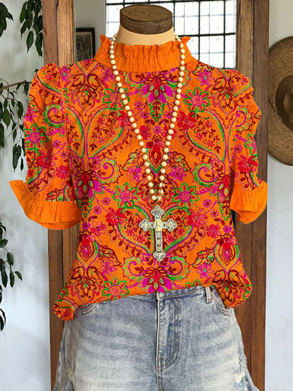 Women's Elegant  Blouse Puff Sleeve Paneled Graphic Print Top F640-3256806951442680