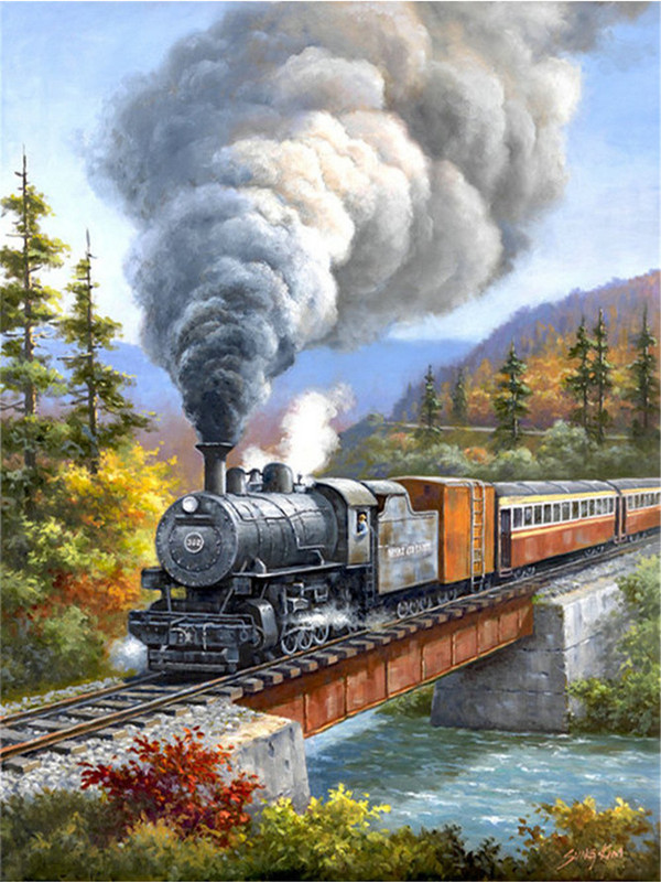 Painting size: 60x75cm, Painting style: Round - Forest Crossing Train Diamond Painting Q119-CJZS117463023WD