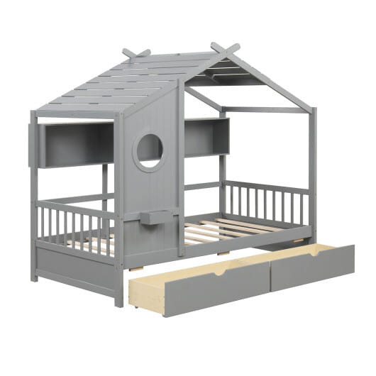 Twin Size House Bed with 2 Storage Drawers and Fence Guardrails-Gray - Color: Gray D681-HU10993GRT+
