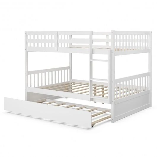 Full over Full Bunk Bed Platform Wood Bed with Ladder-White - Color: White D681-HW65358WH+
