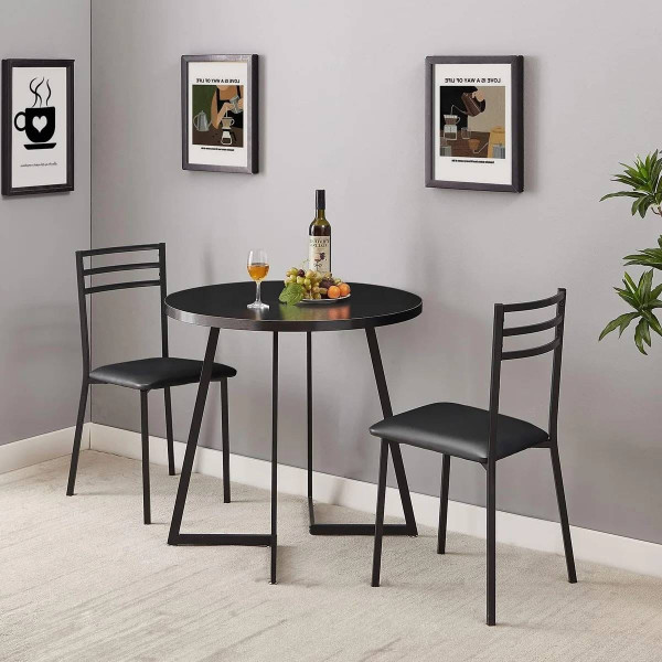 Modern 3-Piece Kitchen Dining Set with Round Black Wood-Top Table and 2 Chairs Q280-BLVTPKDRS10946372