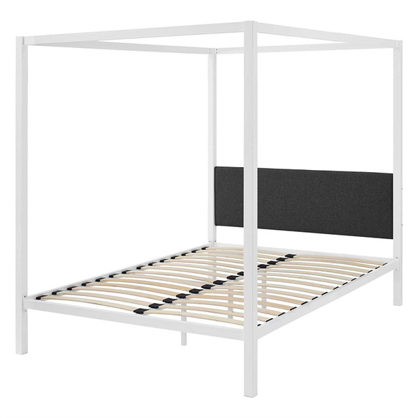 Queen size White Metal Canopy Bed Frame with Grey Fabric Upholstered Headboard Q280-WGMCB14832891