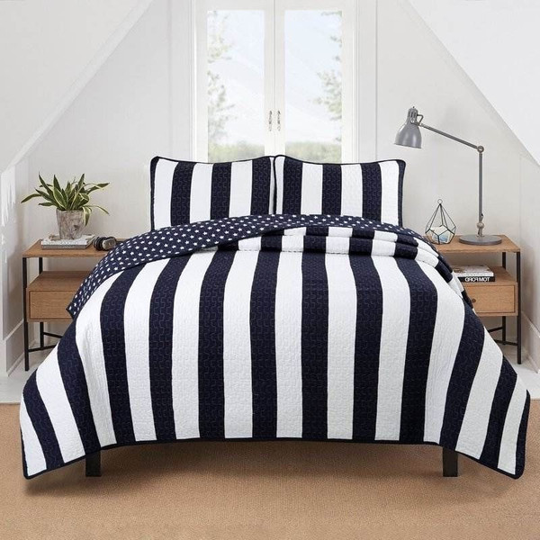 King 3 Piece Reversible Navy White Stars Stripes 100-Percent Cotton Quilt Set Q280-KIMF1488