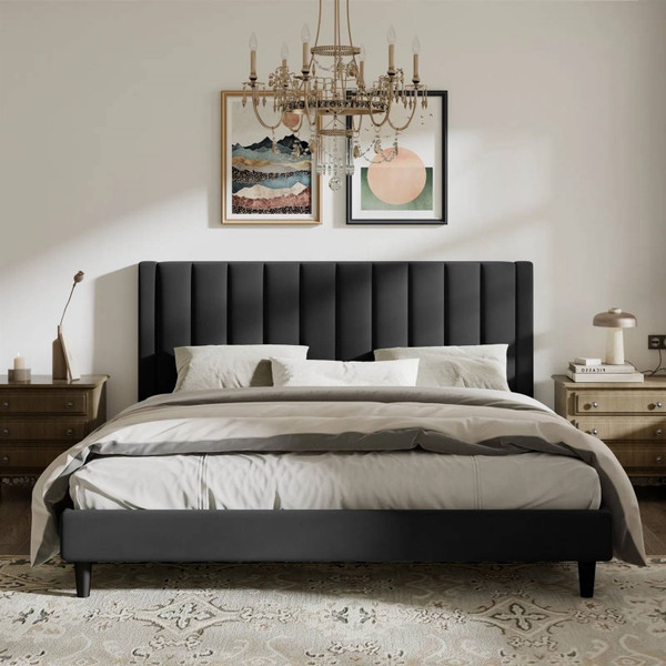 King size Modern Black Velvet Upholstered Platform Bed with Headboard Q280-KNBLAVWPB23792581