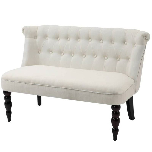 Scandinavian 2 Seater Button Tufted Loveseat Wooden Legs Cream White Linen Q280-AOCW1729