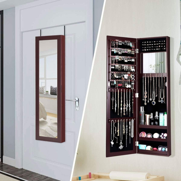 2-in-1 Dark Brown Wall or Door Mounted Jewelry Organizer Full Length Mirror Q280-BRGMCN794613752