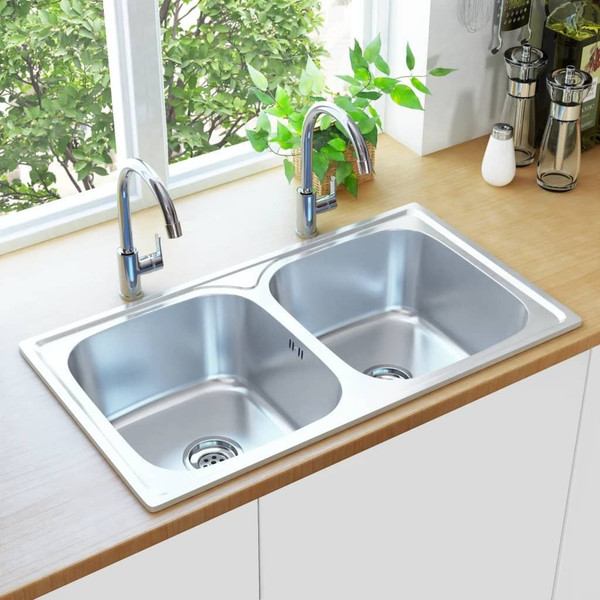 Kitchen Sink Double Basin with Strainer Stainless Steel A949-145074