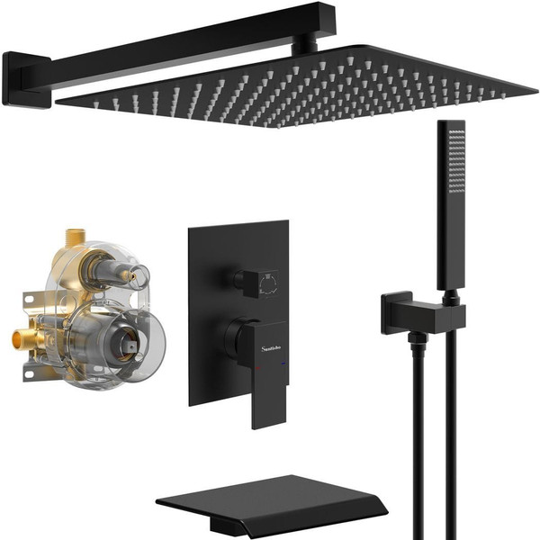 Male NPT Bathtub Shower Faucet Set, Waterfall Tub Faucet with 12-Inch Matte Black Rain Shower Head  T575-S0671292280