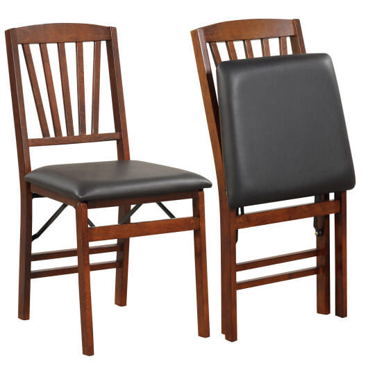 Set of 2 Folding Chairs with Padded Seat and Rubber Wood Frame-Brown - Color: Brown D681-JV10978BN