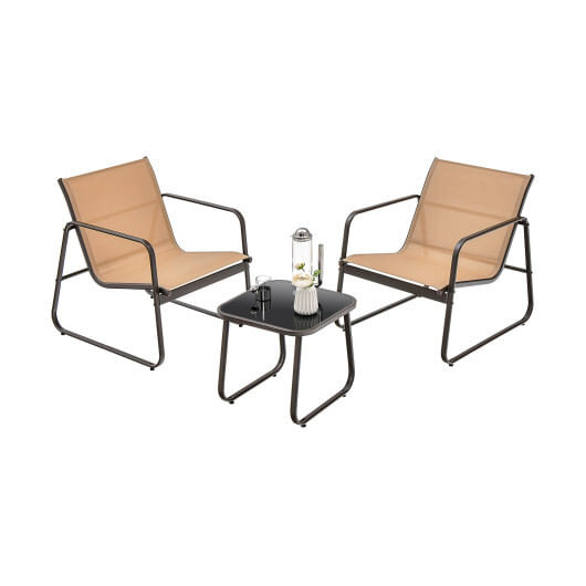 3 Pieces Patio Conversation Set with Breathable Fabric and Tabletop-Brown - Color: Brown D681-NP11049CF