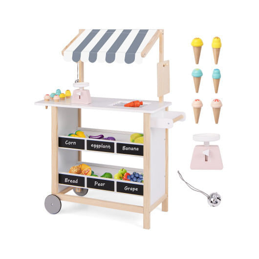 Kids Wooden Ice Cream Cart with Chalkboard and Storage for over 3 Years Old-White - Color: White D681-TP10051WH