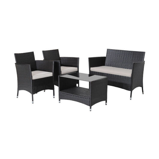 4 Pieces Patio Conversation Set with Soft Cushions and Tempered Glass Tabletop - Color: Brown D681-HW70627