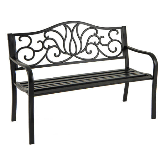 50 Inches Outdoor Garden Bench with Floral Design Backrest and Slatted Seat-Black - Color: Black D681-NP12453BK